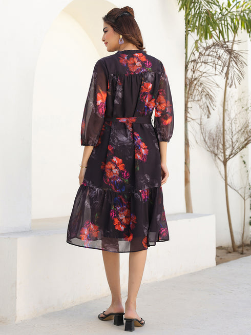 Black Georgette Floral Printed Tiered Dress